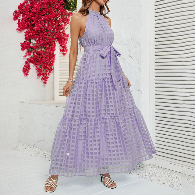 Women Sleeveless With Belt Elegant Vintage Casual Maxi Dress