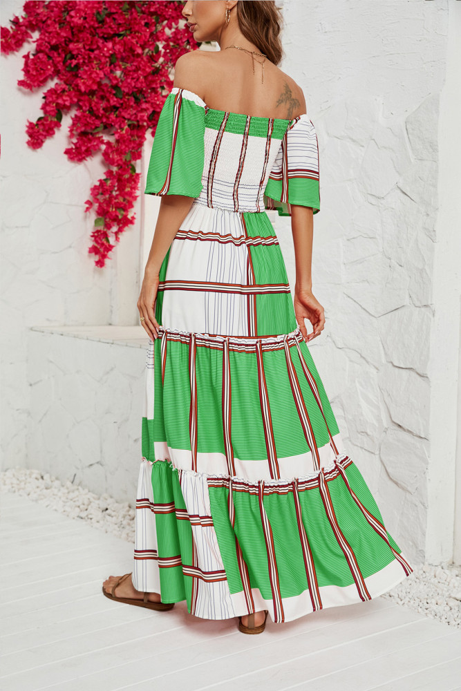 Women's Short Sleeves Striped Ruffles Casual Elegance Maxi Dress