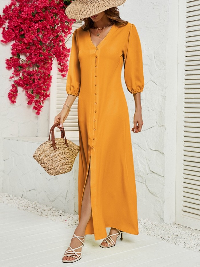 Fashion Single Breasted Solid Color V Neck Casual Maxi Dress