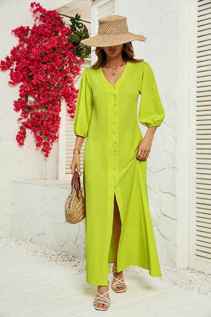 Fashion Single Breasted Solid Color V Neck Casual Maxi Dress