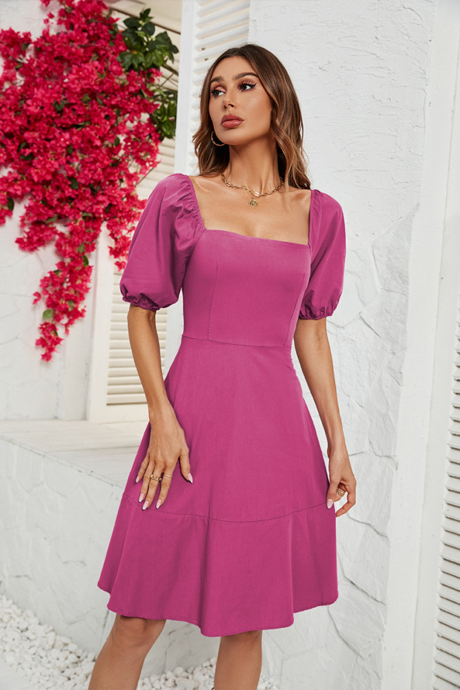 New Solid Color Square Neck Puff Sleeve Women Sexy Casual Dress
