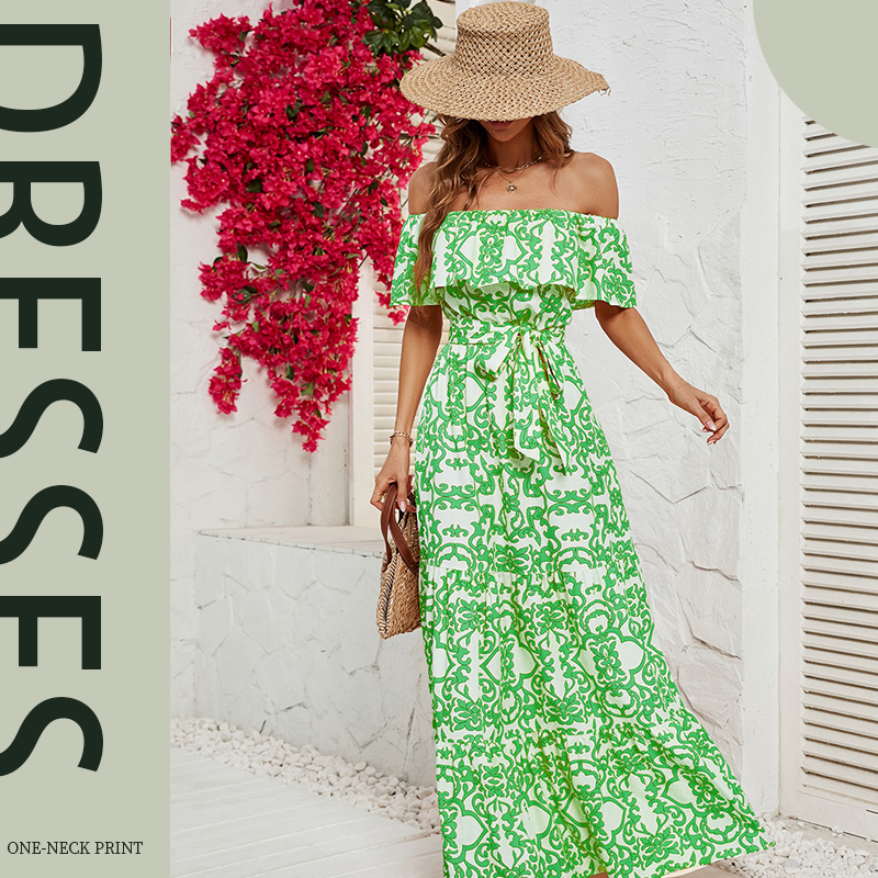 High Waist Printed Loose Boho Off Shoulder Maxi Dress