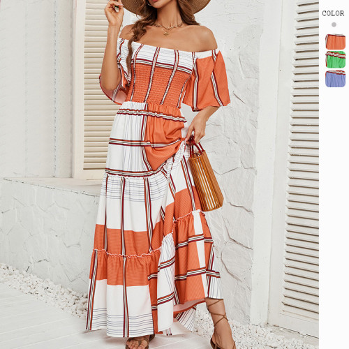 Women's Short Sleeves Striped Ruffles Casual Elegance Maxi Dress