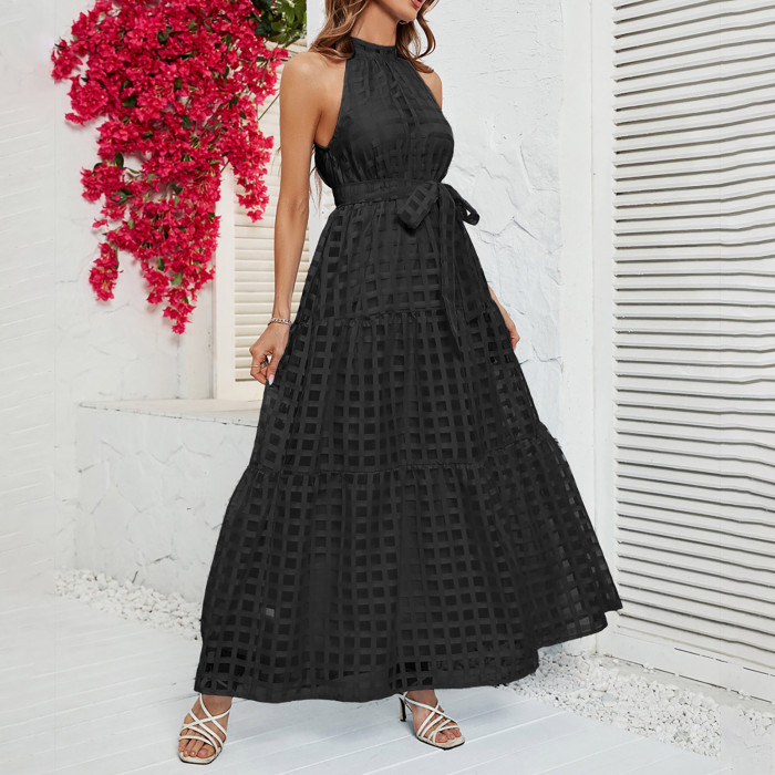 Women Sleeveless With Belt Elegant Vintage Casual Maxi Dress
