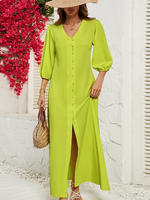 Fashion Single Breasted Solid Color V Neck Casual Maxi Dress