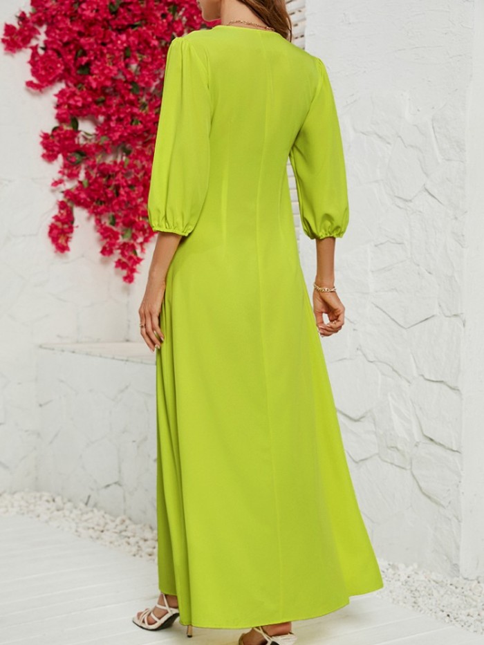 Fashion Single Breasted Solid Color V Neck Casual Maxi Dress
