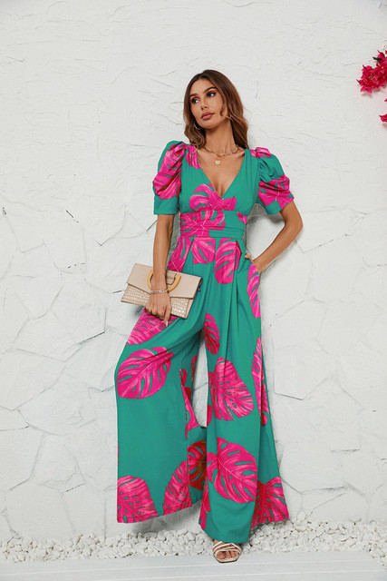 Fashion Retro Puff Sleeve Print Sexy V-neck High Waist Wide Leg Jumpsuit