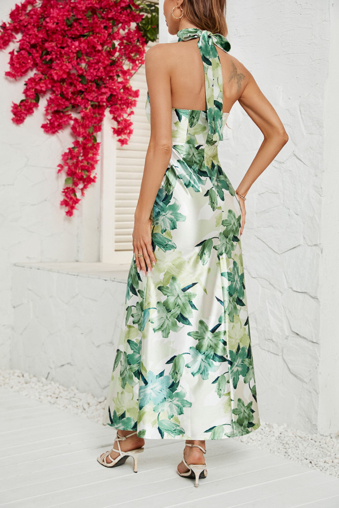 Elegant Halter Neck Backless Sexy High Waist Print Maxi Dress