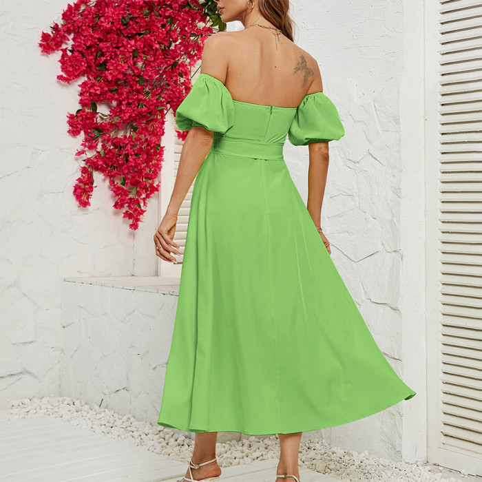 Elegant Sweet Off Shoulder Puff Sleeve Solid Chic Maxi Dress