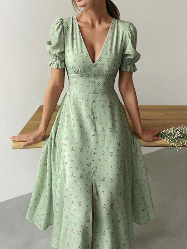 New Elegant Print V-neck Single Breasted Maxi Dress