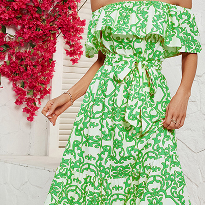 High Waist Printed Loose Boho Off Shoulder Maxi Dress
