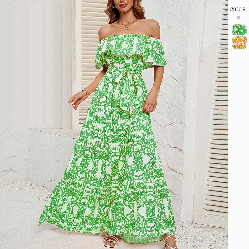 High Waist Printed Loose Boho Off Shoulder Maxi Dress