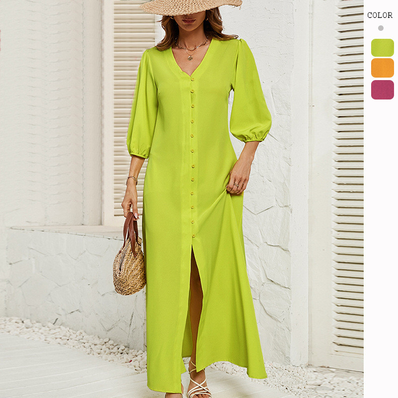 Fashion Single Breasted Solid Color V Neck Casual Maxi Dress