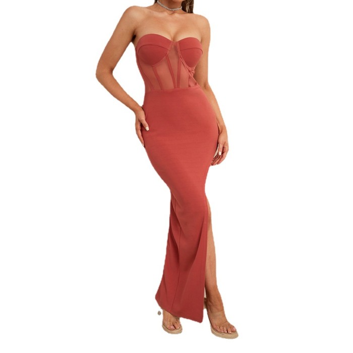 Women's Sexy Bandeau Paneled Mesh Backless Wedding Guest Dress