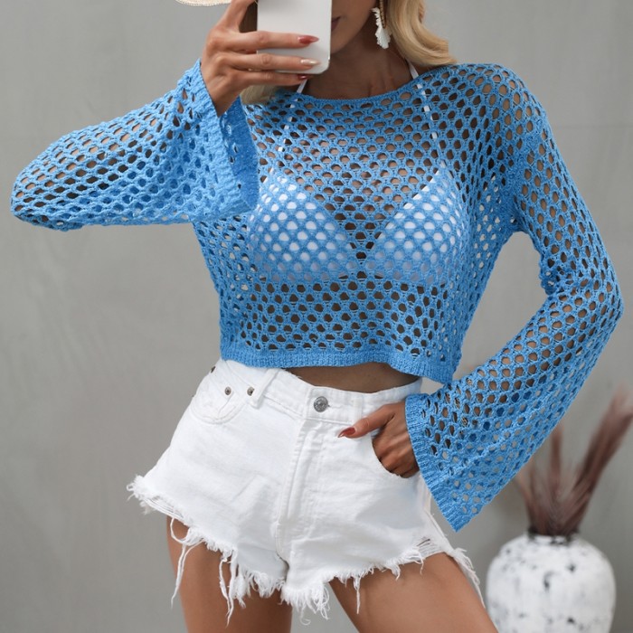 Women Long Sleeve Knitted Casual Hollow Out Knit Bikini Cover-ups