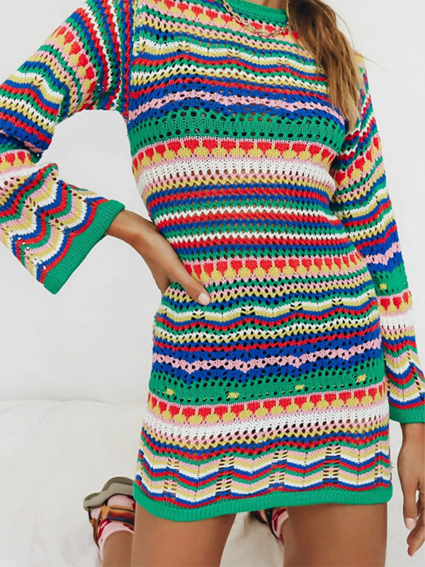 Women's Stripe Knitted Round Neck Knitwear Pullover Sweater Dress