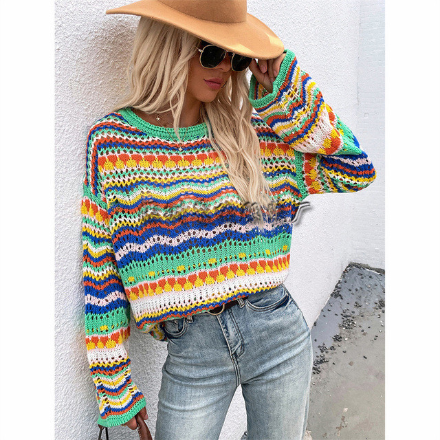 Women Long Sleeve Knit Loose Round Neck Striped Hollow Out Sweater