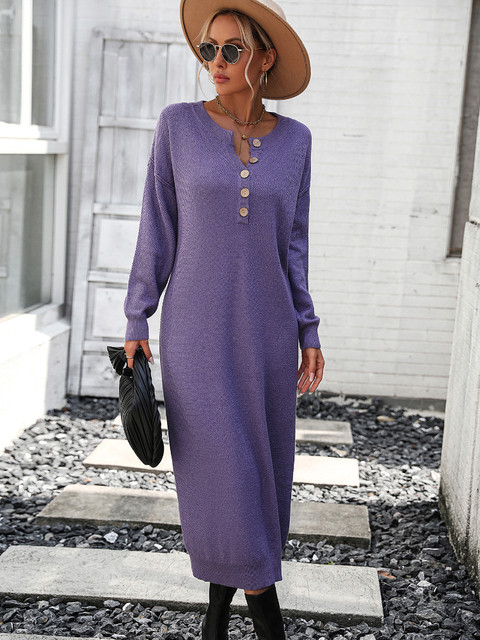 Women Fashion Loose O Neck Knitted Sweater Dress