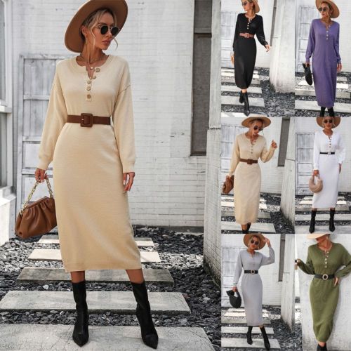 Women Fashion Loose O Neck Knitted Sweater Dress