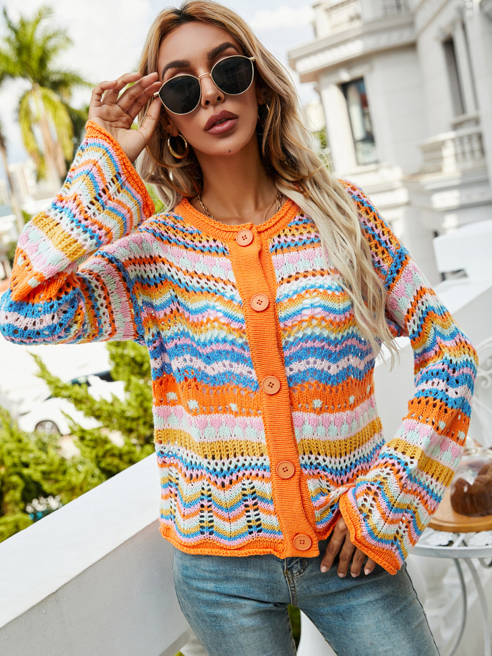 Fashion Women's Loose Rainbow Knit Stripe Sweater Cardigan