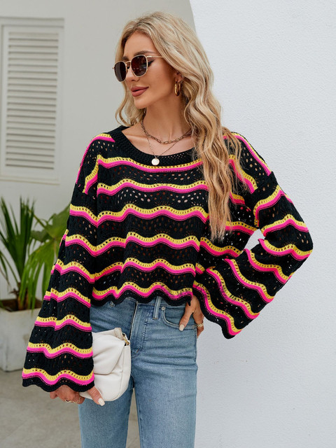 Women Fashion Casual O-neck Hollow Out Knitted Color Stripe Sweaters