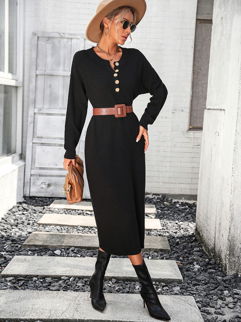 Women Fashion Loose O Neck Knitted Sweater Dress