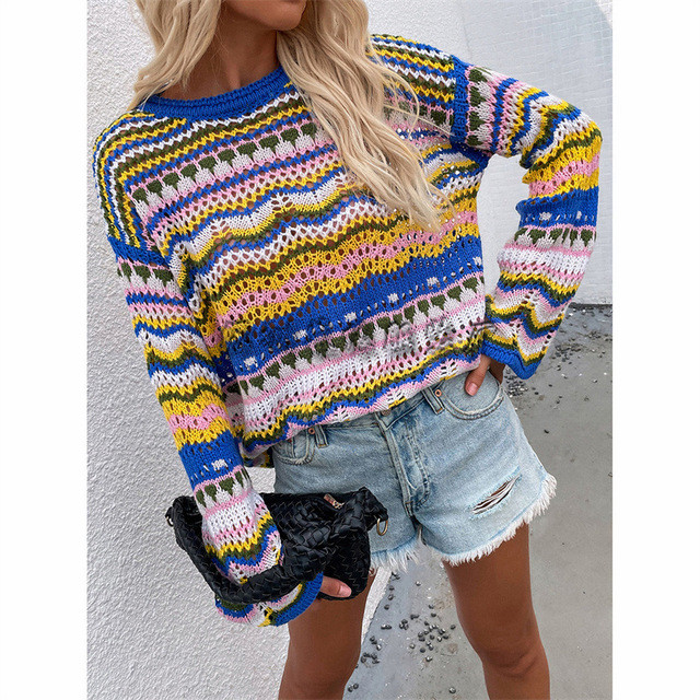 Women Long Sleeve Knit Loose Round Neck Striped Hollow Out Sweater