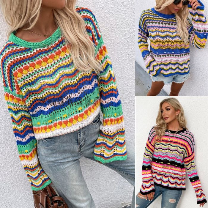 Women Long Sleeve Knit Loose Round Neck Striped Hollow Out Sweater