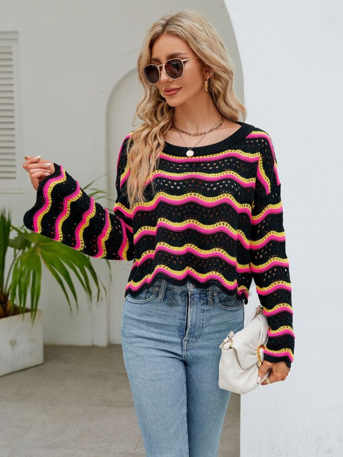 Women Fashion Casual O-neck Hollow Out Knitted Color Stripe Sweaters