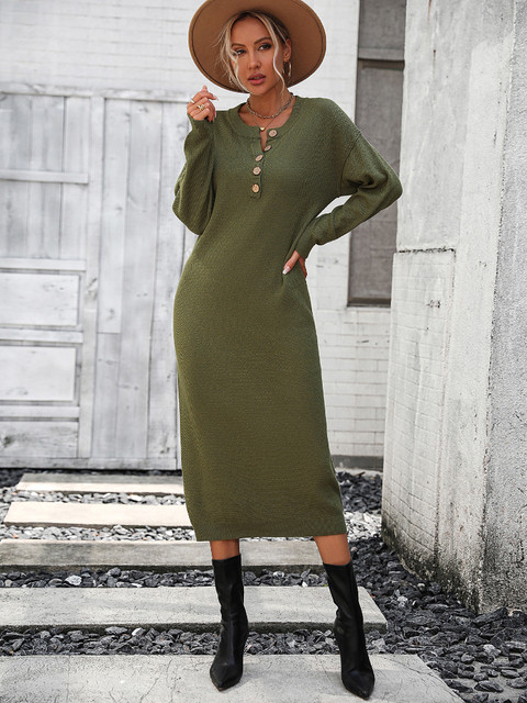 Women Fashion Loose O Neck Knitted Sweater Dress