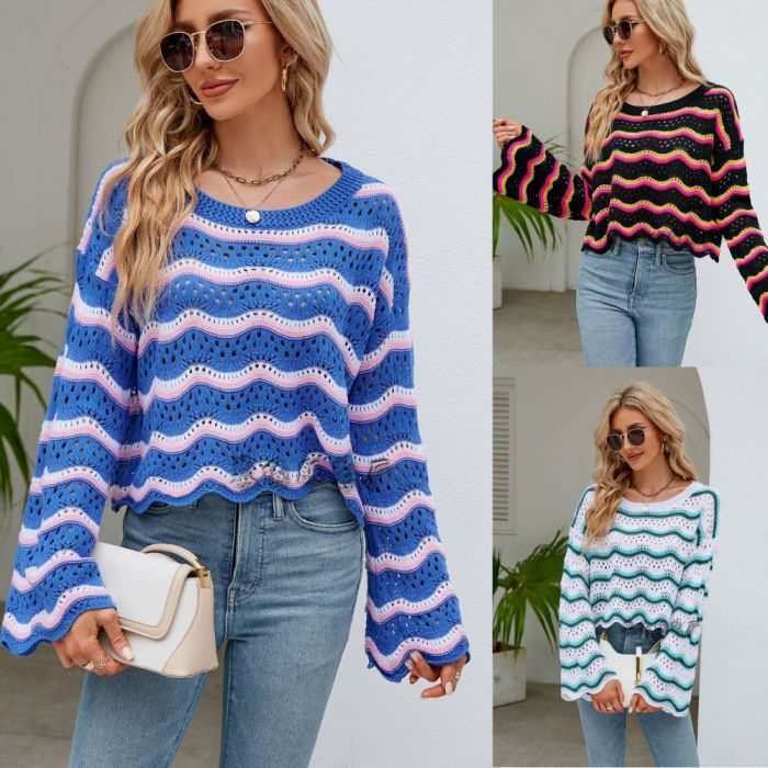 Women Fashion Casual O-neck Hollow Out Knitted Color Stripe Sweaters