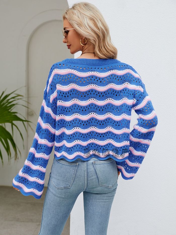 Women Fashion Casual O-neck Hollow Out Knitted Color Stripe Sweaters