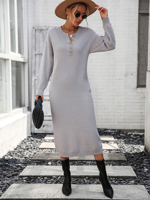 Women Fashion Loose O Neck Knitted Sweater Dress