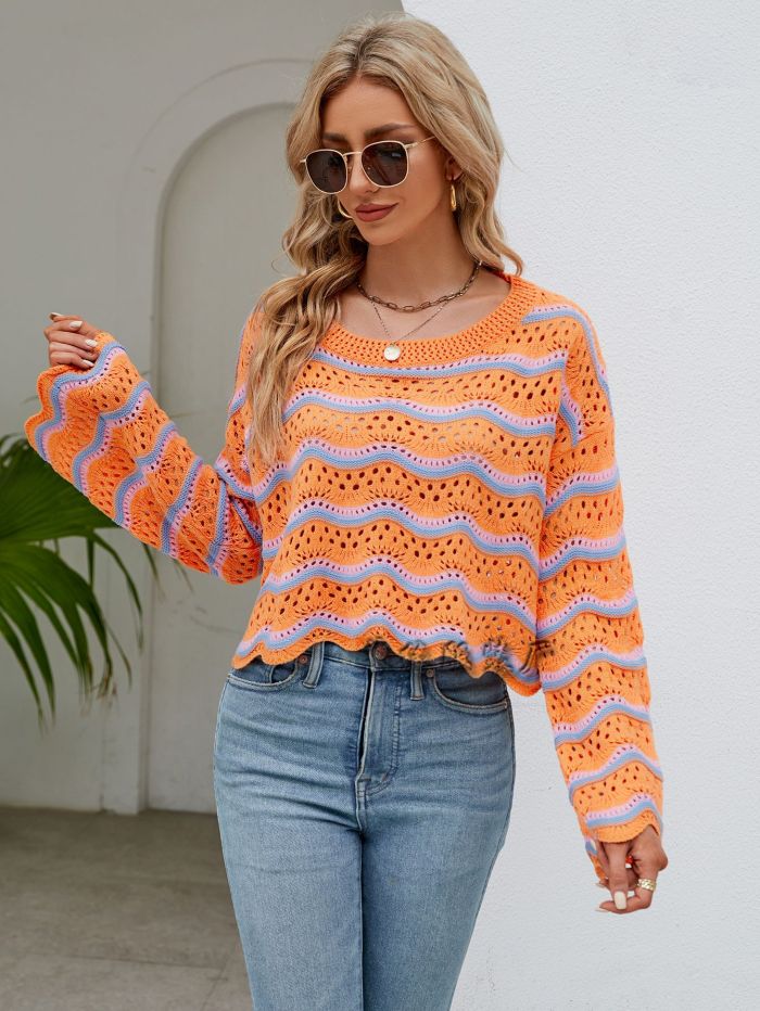 Women Fashion Casual O-neck Hollow Out Knitted Color Stripe Sweaters