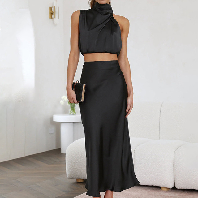 Women Elegant Satin Sleeveless Top+Skirt Two Pieces Set