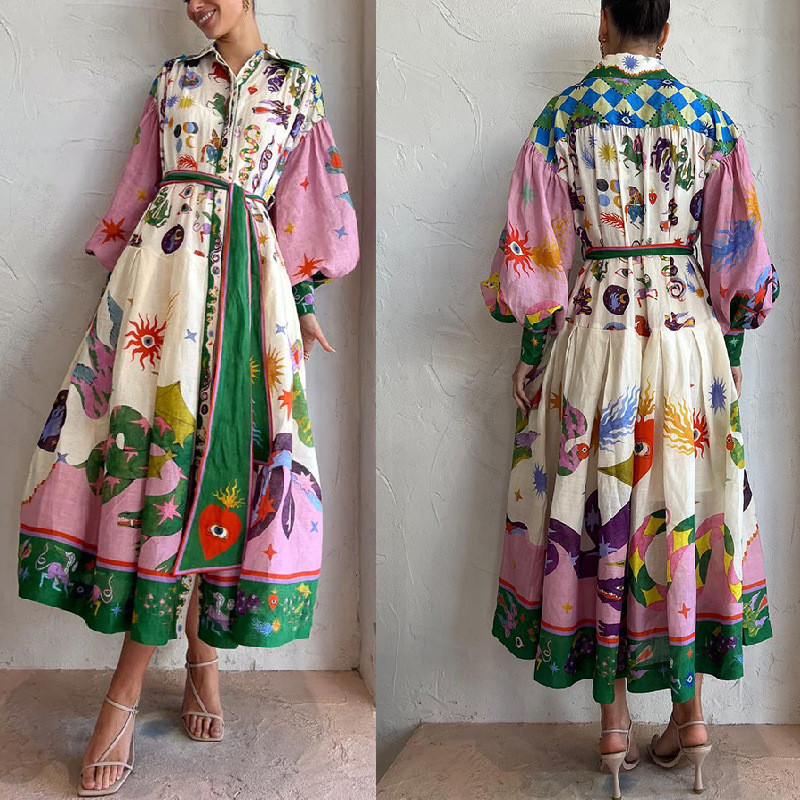 Women A-line Single Breasted Lapel Colorful Print Dress