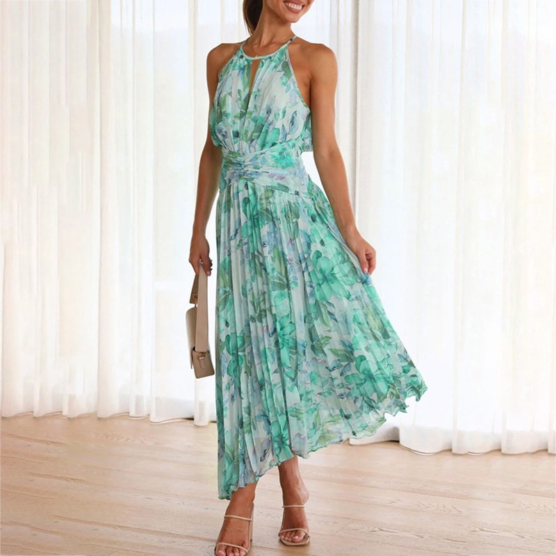 Women V Neck Floral Print Casual Sleeveless Maxi Dress