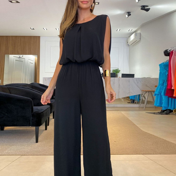 Women Fashion Elegant O-neck Sleeveless Sexy Loose Jumpsuit