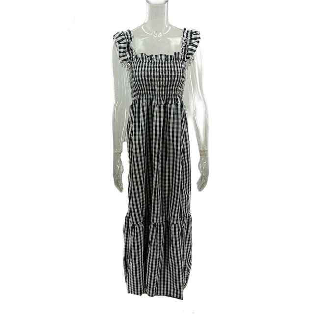 Women Plaid Print Casual Fashion A-line Maxi Dress