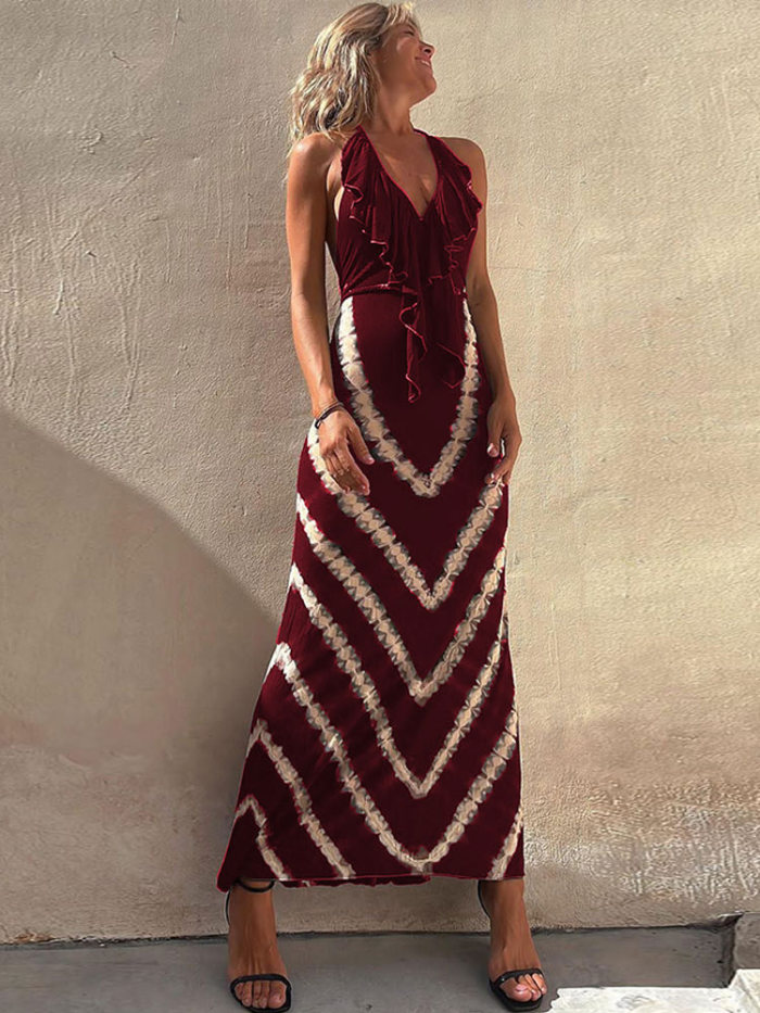 Women Sexy V Neck Sleeveless Slim Fashion Print Maxi Dress