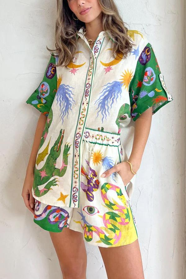 Women Home Pajamas Loose Shirts Elastic Waist Short Print Nightwear Two Piece Set