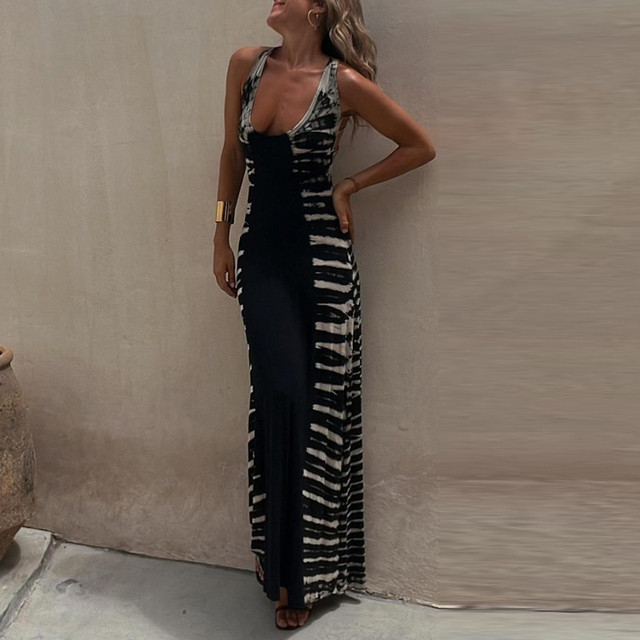 Sexy Fashion Sleeveless Print High Waist Elegant Beach Maxi Dress
