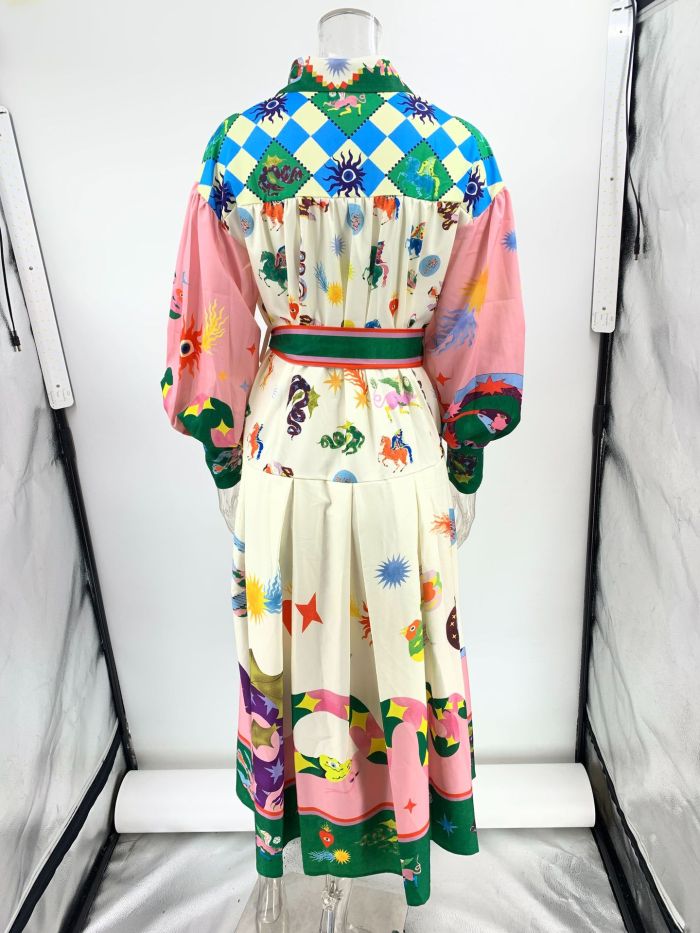 Women A-line Single Breasted Lapel Colorful Print Dress