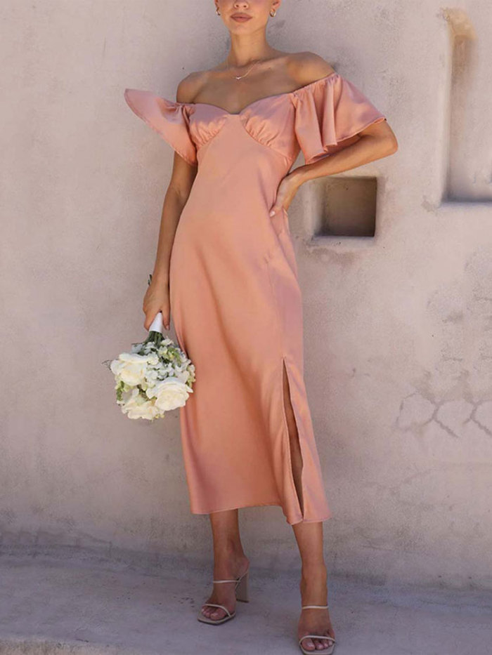 Women Satin Off Shoulder Short Sleeve Maxi Dress