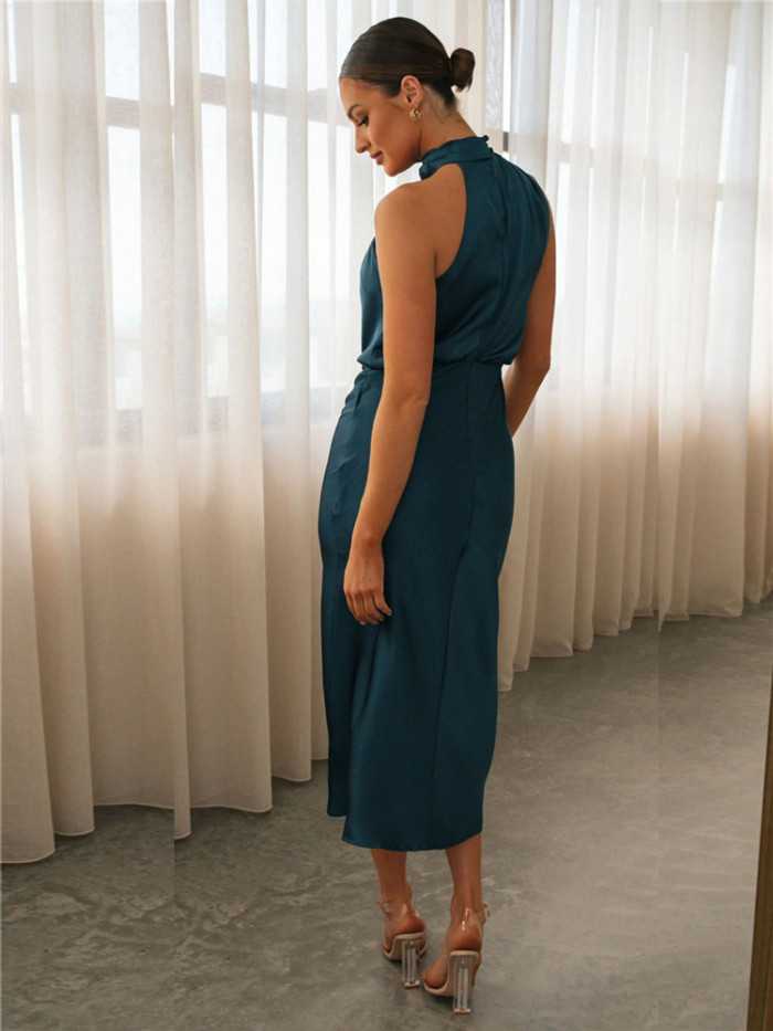 Women's Ruched Satin Solid Color Elegant Wedding Guest Dress