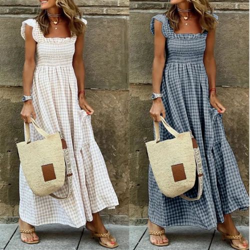 Women Plaid Print Casual Fashion A-line Maxi Dress