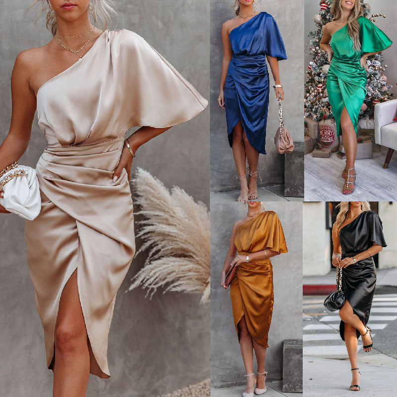 Women Sexy Solid Color Elegant One Shoulder Midi Dress
