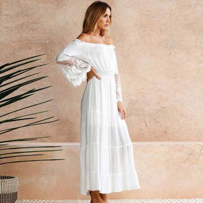 Women White Beach Dress Sexy Off Shoulder Lace Chiffon Maxi Dress