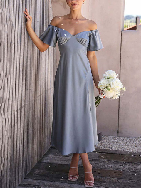 Women Satin Off Shoulder Short Sleeve Maxi Dress