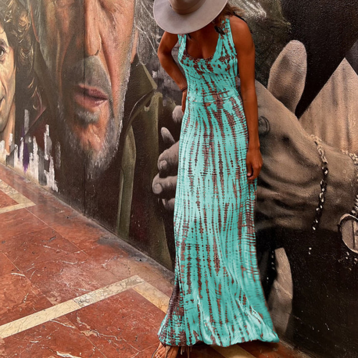 Sexy Fashion Sleeveless Print High Waist Elegant Beach Maxi Dress